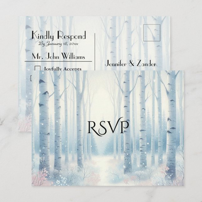Frosted Blue Birch Forest Wedding RSVP Invitation Postcard (Front/Back)