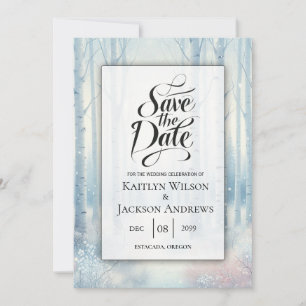 Frosted Blue Birch Forest Wedding Save The Date
