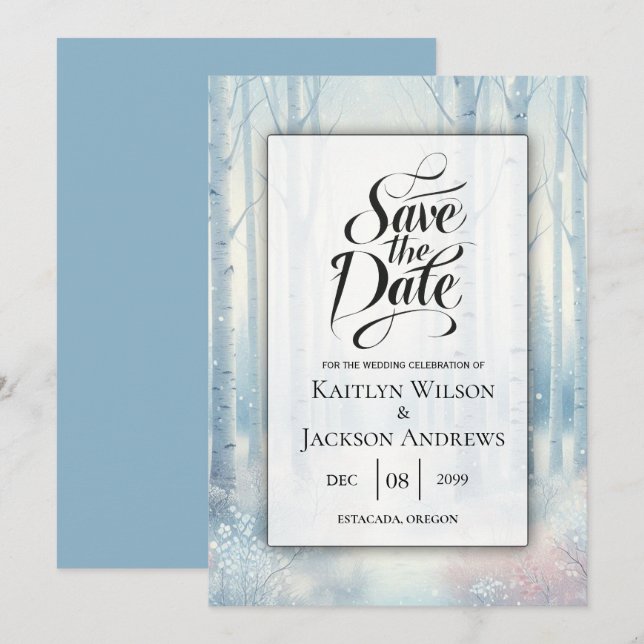Frosted Blue Birch Forest Wedding Save The Date (Front/Back)