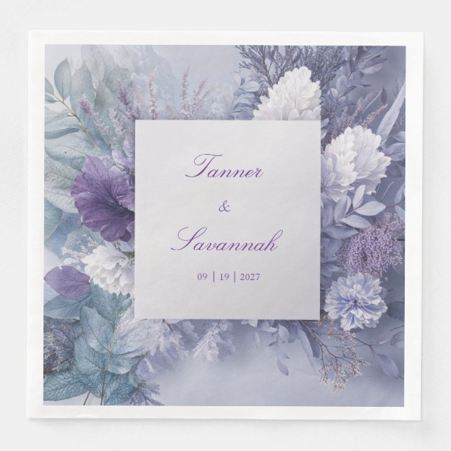 Frosted Blue Lavender Floral Winter Wedding Napkin (Front)