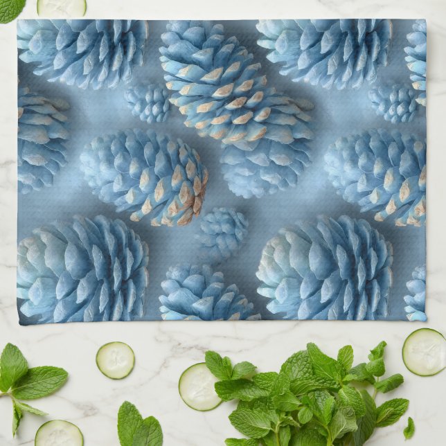 Frosted Blue Pinecones Tea Towel (Folded)