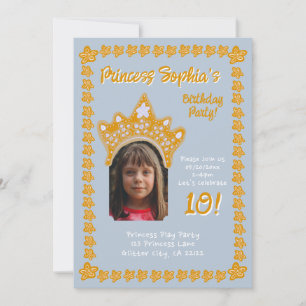Frosted Blue Princess Crown Floral Photo Birthday Invitation
