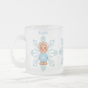 Frosted Blue Snowflake and Gingerbread Person Glass Coffee Mug