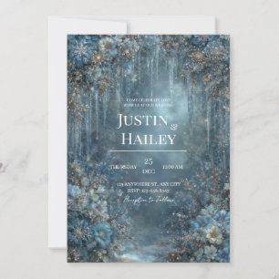 Frosted Blue White Floral Icicle Winter Wedding Invitation