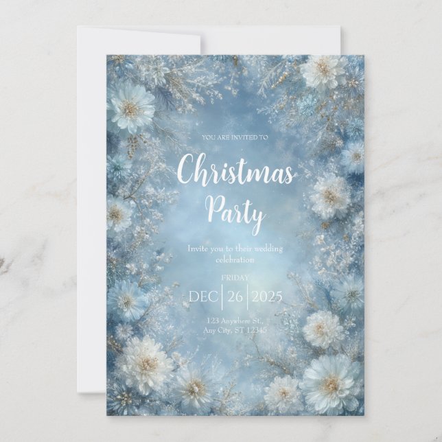 Frosted Blue Winter Floral Christmas Invitation (Front)