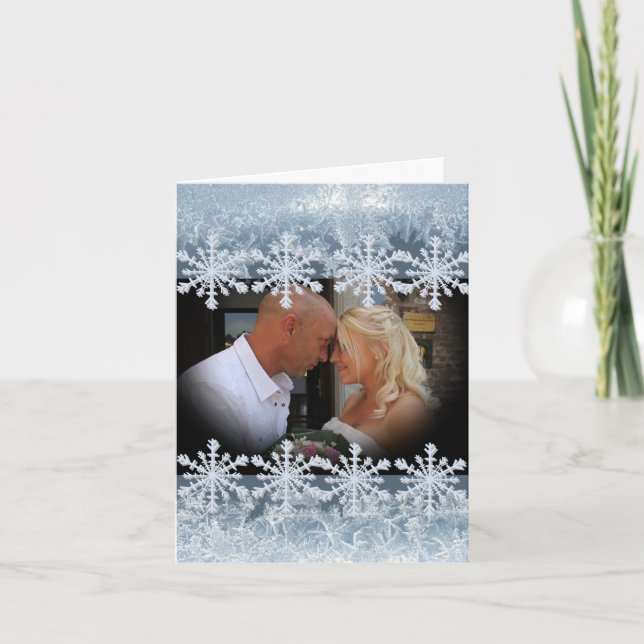 Frosted Blue Winter Wedding Custom Photo Thank You Card (Front)
