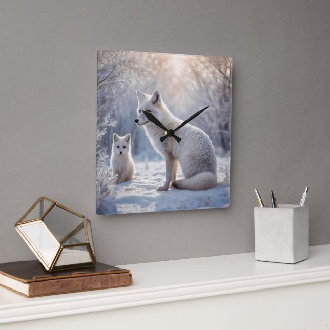"Frosted Bonds: The Arctic Fox and Her Cub" Square Wall Clock (Office)