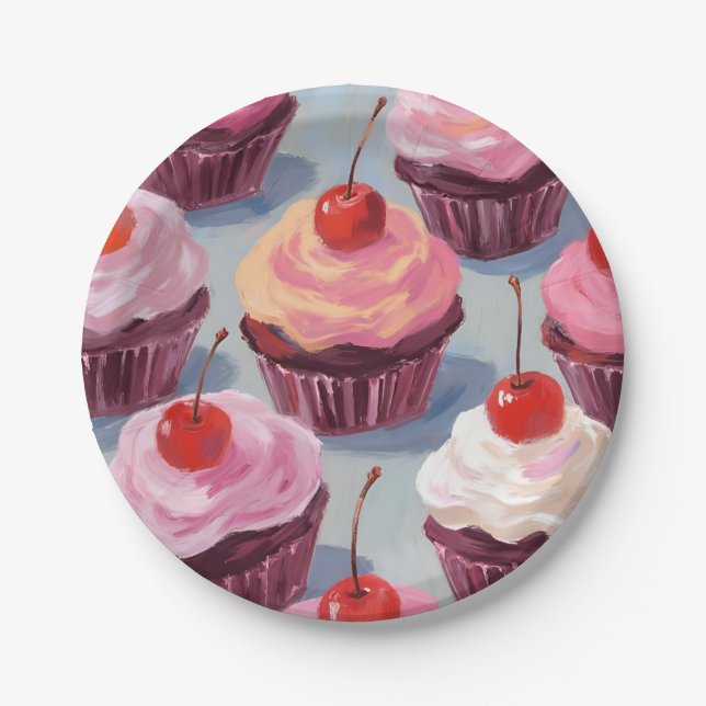 Frosted Cherry Cupcakes | Birthday Celebration Paper Plate (Front)