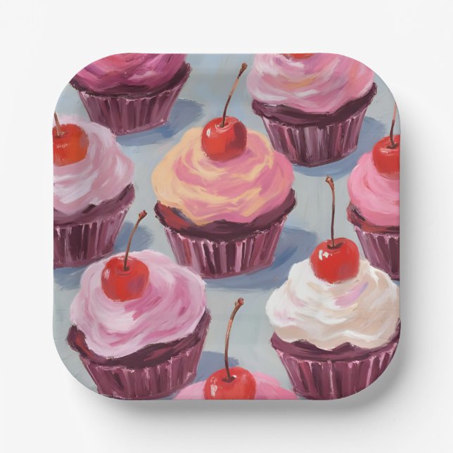 Frosted Cherry Cupcakes | Birthday Celebration Paper Plate (Front)