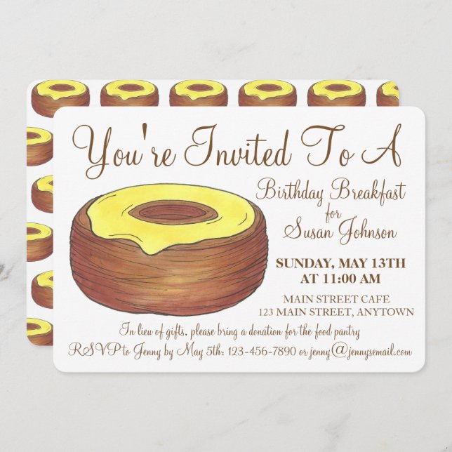 Frosted Croissant Doughnut Doughnut Breakfast Brun Invitation (Front/Back)