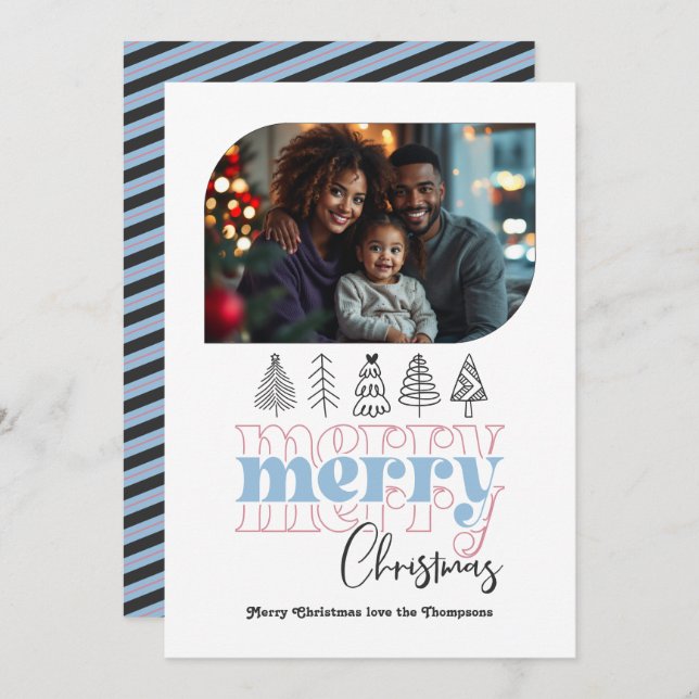 Frosted Dawn Modern Retro Doodle Christmas Photo Holiday Card (Front/Back)