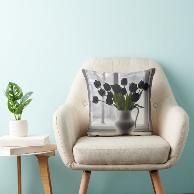 "Frosted Elegance: Black Tulips in a White Vase Cushion (Chair)