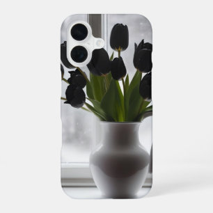 "Frosted Elegance: Black Tulips in a White Vase iPhone 16 Case