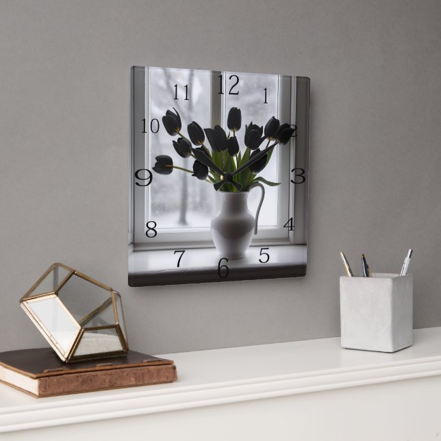 "Frosted Elegance: Black Tulips in a White Vase Square Wall Clock (Office)