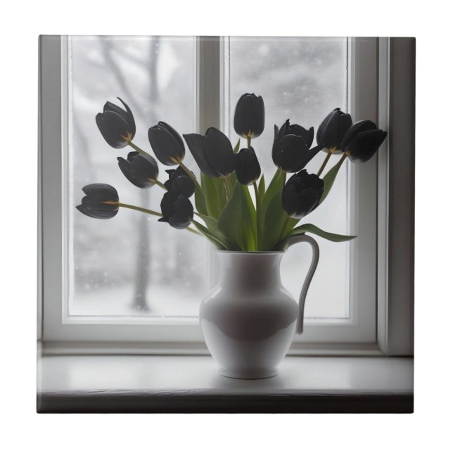 "Frosted Elegance: Black Tulips in a White Vase Tile (Front)