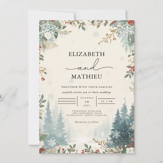 Frosted Evergreen Winter Wedding Invitation (Front)