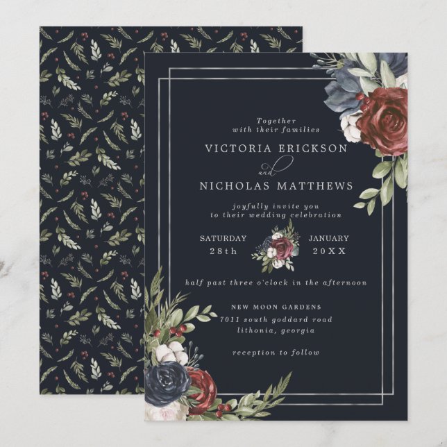 Frosted Florals | Winter Botanical Wedding Invitation (Front/Back)