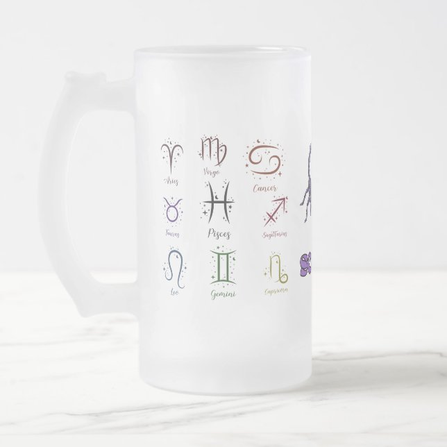 Frosted Glass Beer Mug ECC, ZODIACAL BREAST (Left)