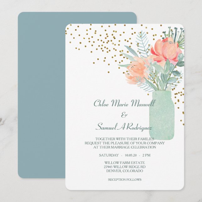 Frosted Glass Mason Jar Floral Wedding Invitation (Front/Back)