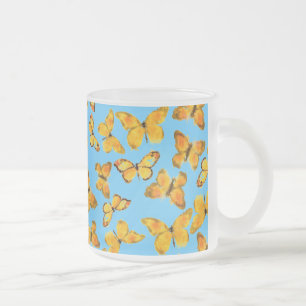 Frosted Glass Mug, Golden Butterflies on Sky Blue Coffee Mug