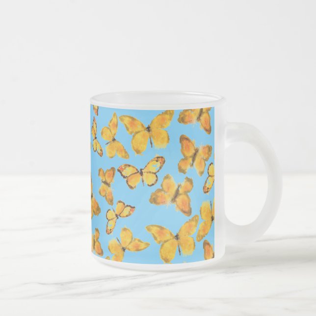 Frosted Glass Mug, Golden Butterflies on Sky Blue Coffee Mug (Right)