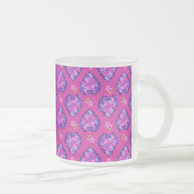Frosted Glass Mug, Magenta Hearts and Flowers Frosted Glass Coffee Mug (Right)