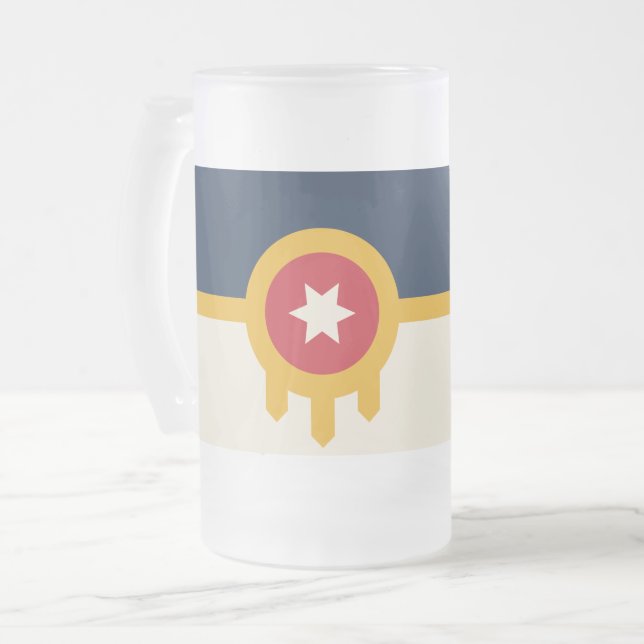 Frosted Glass Mug with flag of Tulsa, Oklahoma (Front Left)
