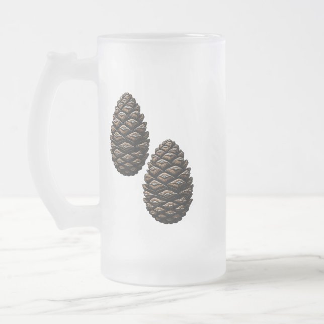 Frosted Glass Mug with Pine Cone Design – 16 oz (Left)