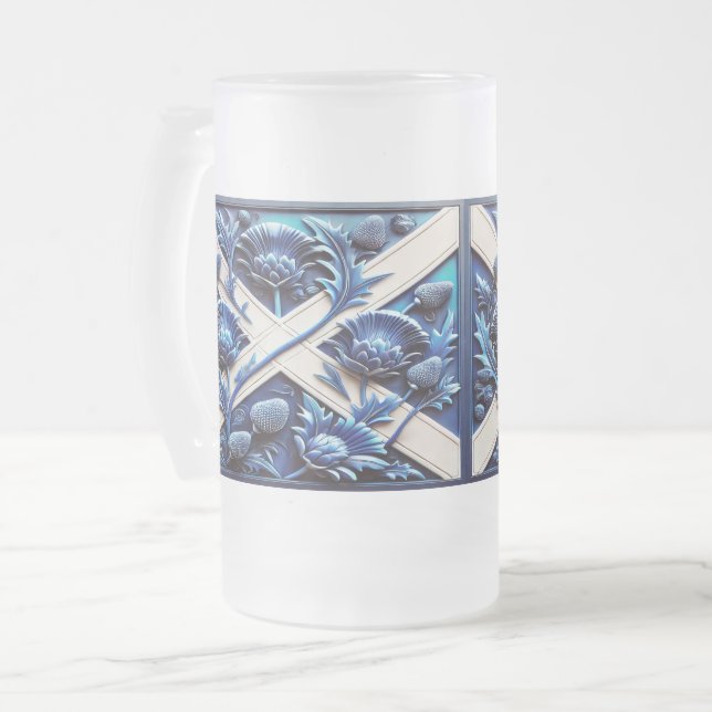Frosted Glass Mug with Scottish Thistles design (Front Left)