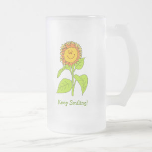 Frosted Glass Mug with Smiling Sunflower Design