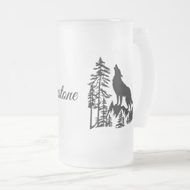 Frosted Glass Mug-Yellowstone Wolf Frosted Glass Beer Mug (Front Right)
