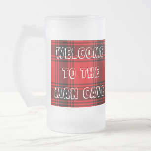 Frosted Glass Mugs Man Cave Red Plaid