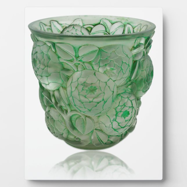 Frosted Green Art Deco glass vase with Roses. Plaque (Front)