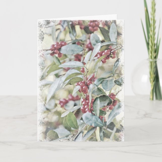 Frosted Holly Berries In Snow Christmas Card (Front)
