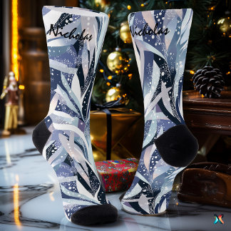 Frosted Leaf Winter Socks in Navy and Lavender