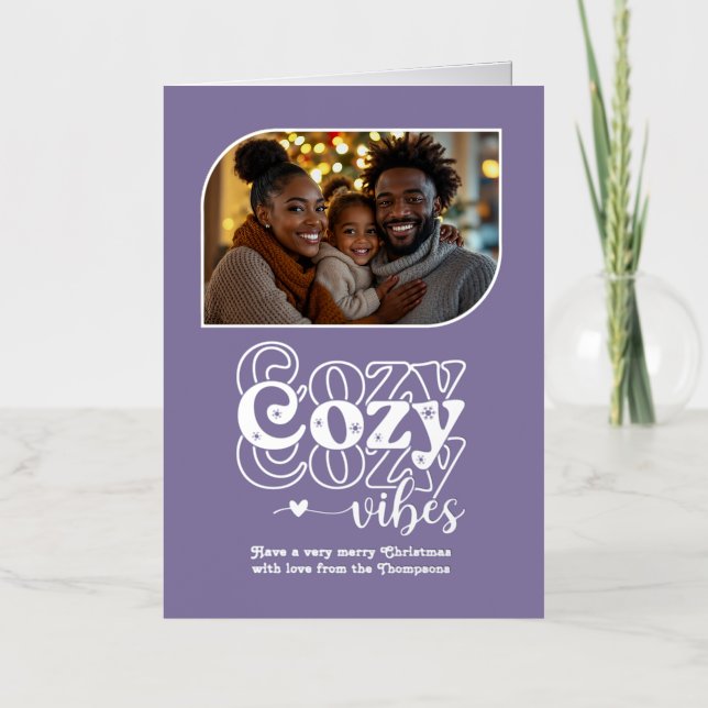 Frosted Lilac Cosy Vibes Christmas Photo Foil Holiday Card (Front)