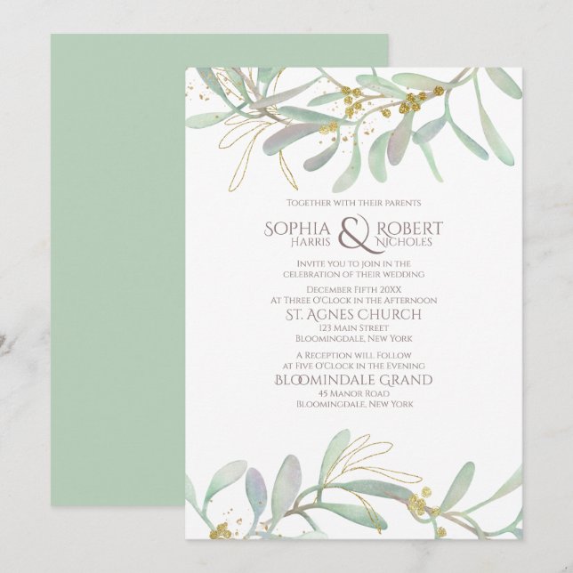 Frosted Mistletoe Winter Wedding Invitation (Front/Back)