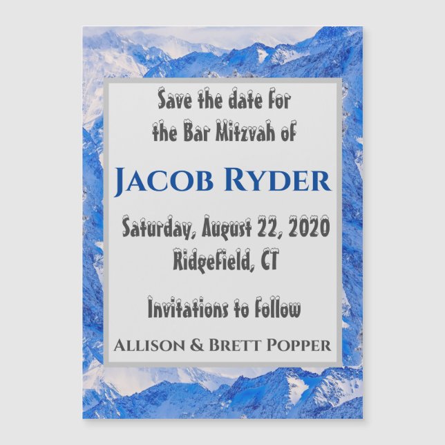 Frosted Mountains Magnetic Save the Date Card (Front)