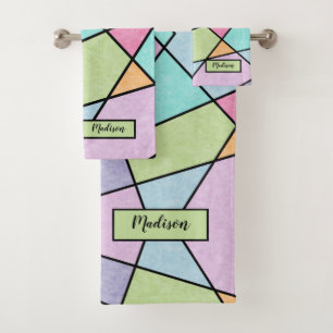 Frosted pastel Abstract geometric Pink blue Name Bath Towel Set