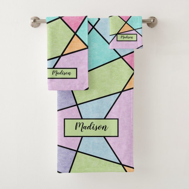 Frosted pastel Abstract geometric Pink blue Name Bath Towel Set (Insitu)