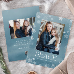Frosted Peace Icy Blue Watercolor Holiday Photo Card