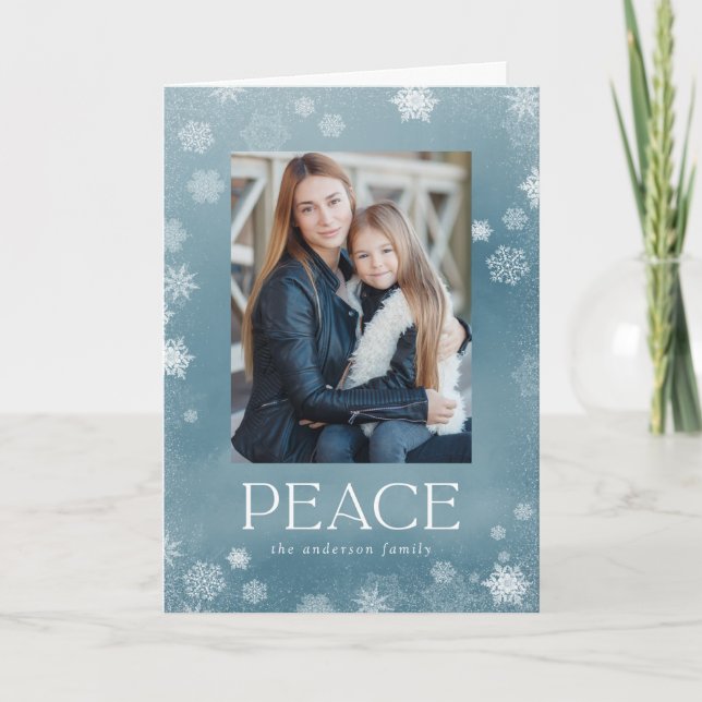 Frosted Peace Icy Blue Watercolor Holiday Photo Card (Front)