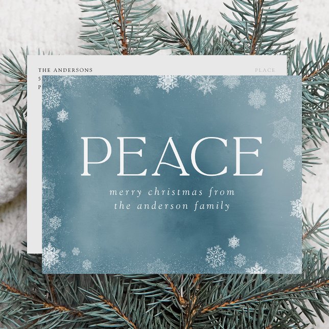 Frosted Peace Icy Blue Watercolor Non-Photo Holiday Postcard (Creator Uploaded)