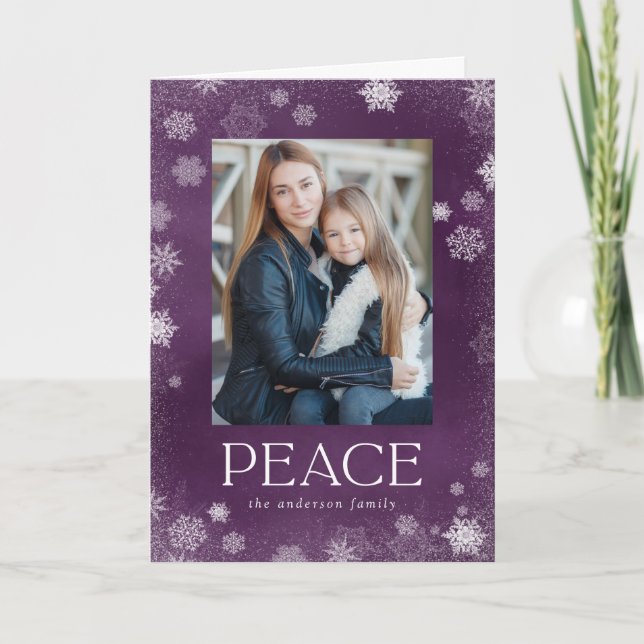 Frosted Peace Purple Watercolor Holiday Photo Card (Front)