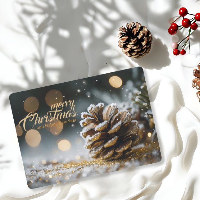 Frosted Pinecone Christmas Golden Glitter Bokeh Holiday Card (Creator Uploaded)