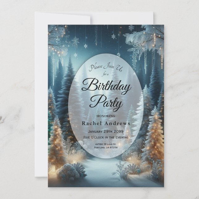 Frosted Pines in Winter Glow Birthday Party Invitation (Front)