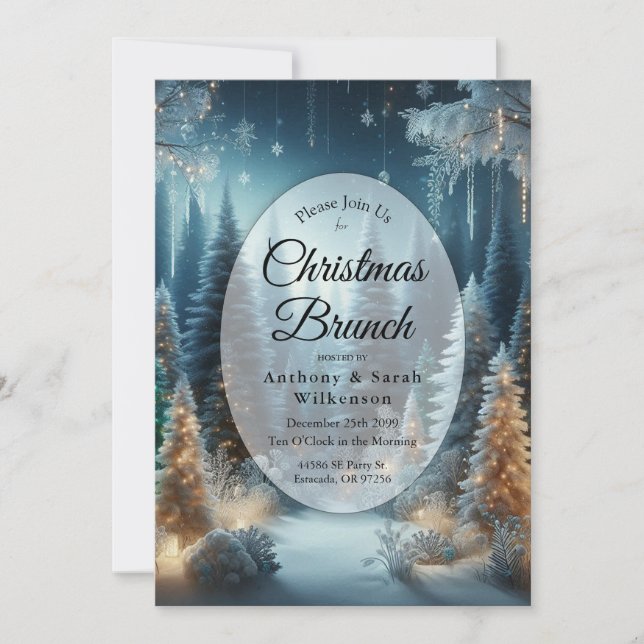 Frosted Pines in Winter Glow Christmas Brunch Invitation (Front)