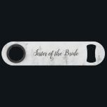 Frosted Pines Rustic White Sister of the Bride<br><div class="desc">Frosted Pines Rustic White Mountain Range Snowy Winter Design with Hand Painted Pine Trees, Watercolor Paper Texture Background, and White Grey and Black muted colour palette. Perfect for a winter wedding, or outdoor lodge venue With modern chic brush script fonts, and simple minimalist background - Sister Bottle Opener! ~ Check...</div>