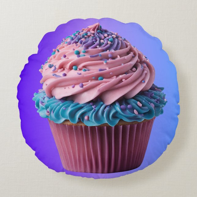 Frosted Pink and Blue Cupcake Round Cushion (Front)