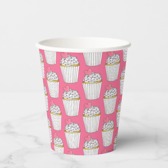 Frosted Pink Heart Cupcake Sprinkles Dessert Love Paper Cups (Front)